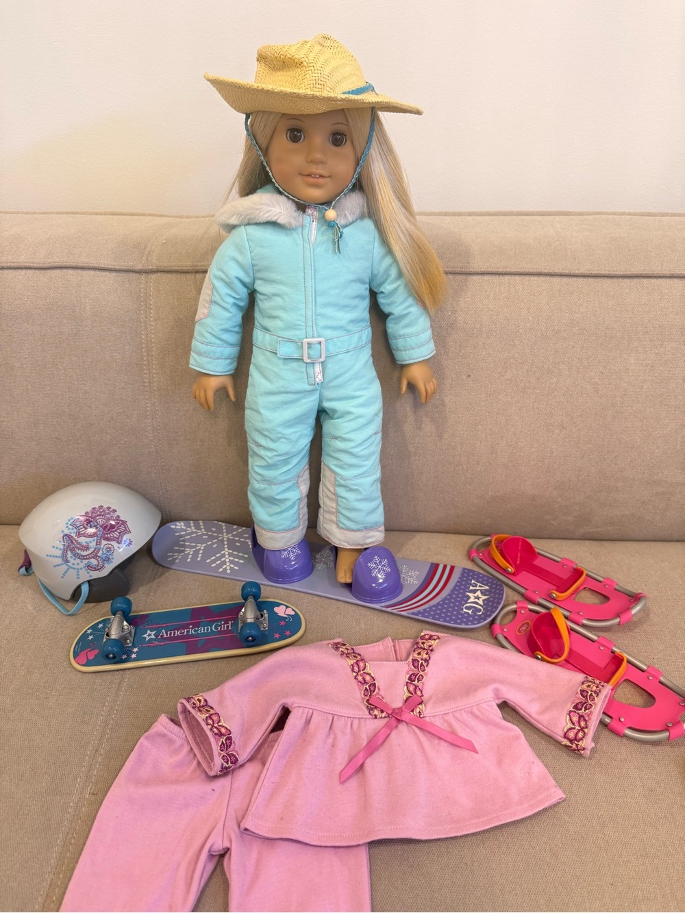 American Girl Doll Just Like Me with Ski Outfit and Skateboard Accessories